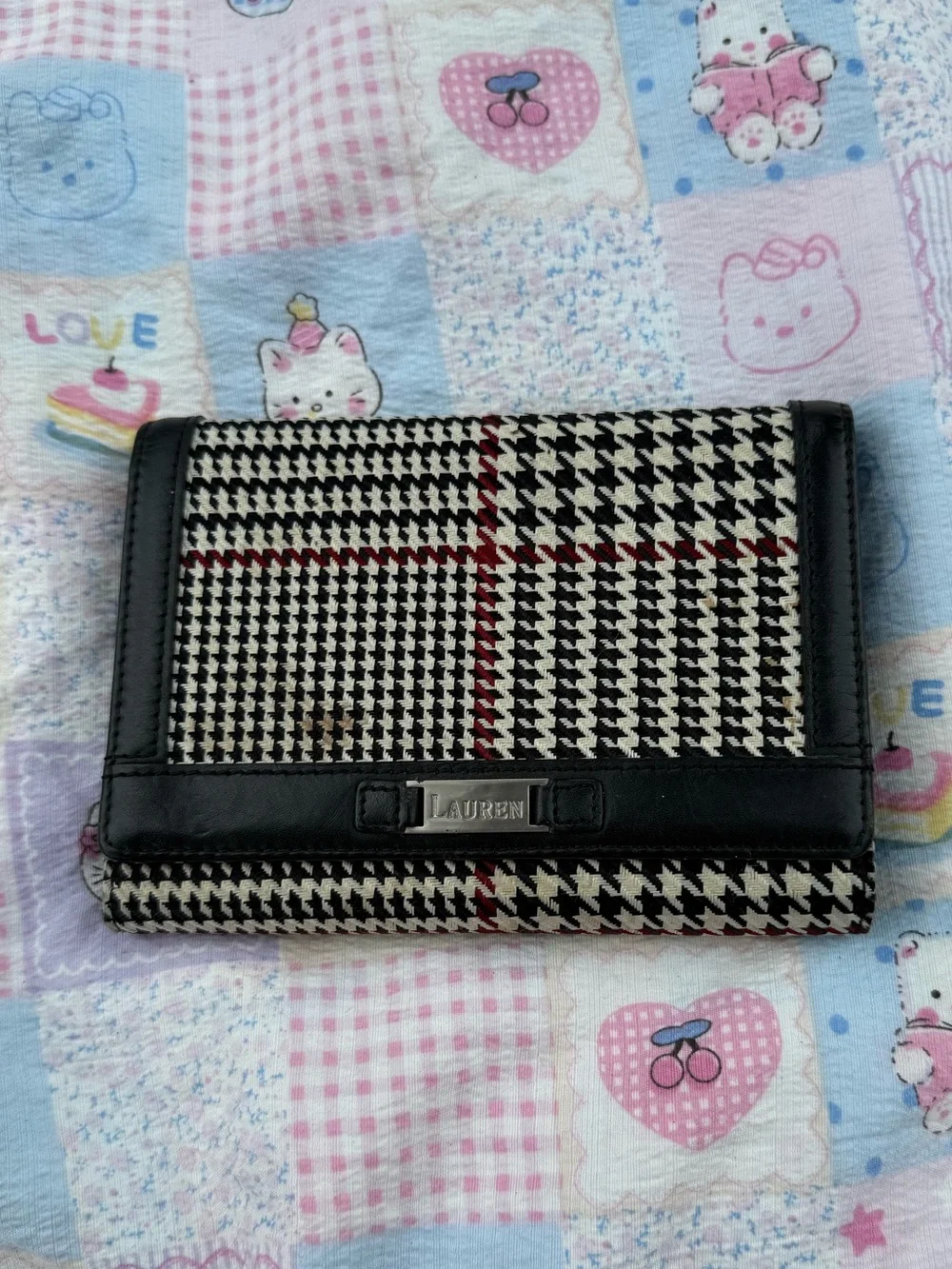 Vintage Lauren by Ralph Lauren Houndstooth Leather Trim Trifold Wallet